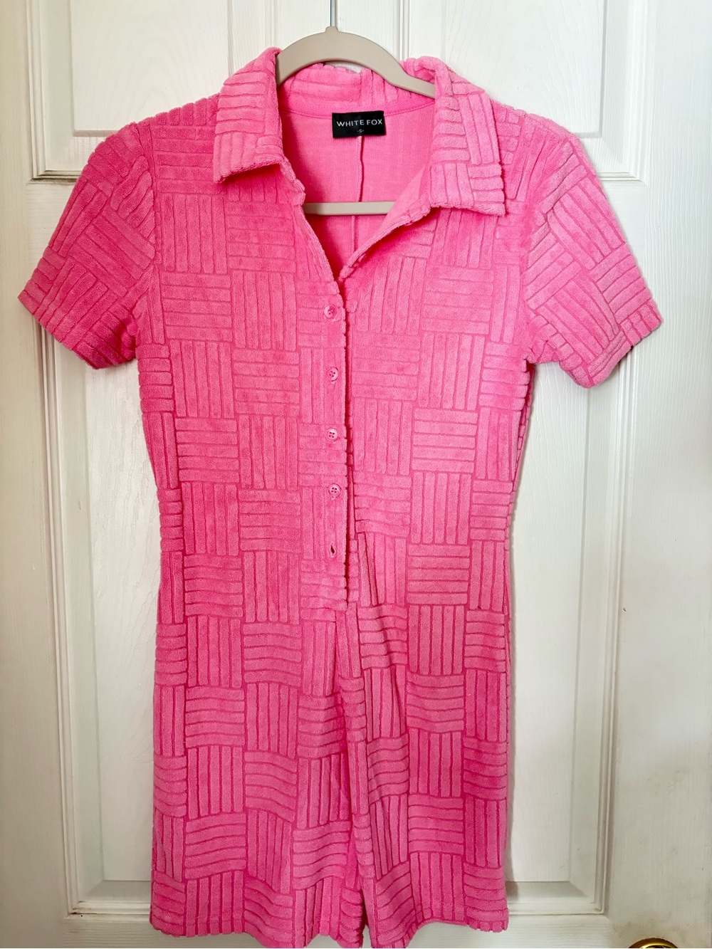White Fox Boutique Bright Pink Textured Polo Romper